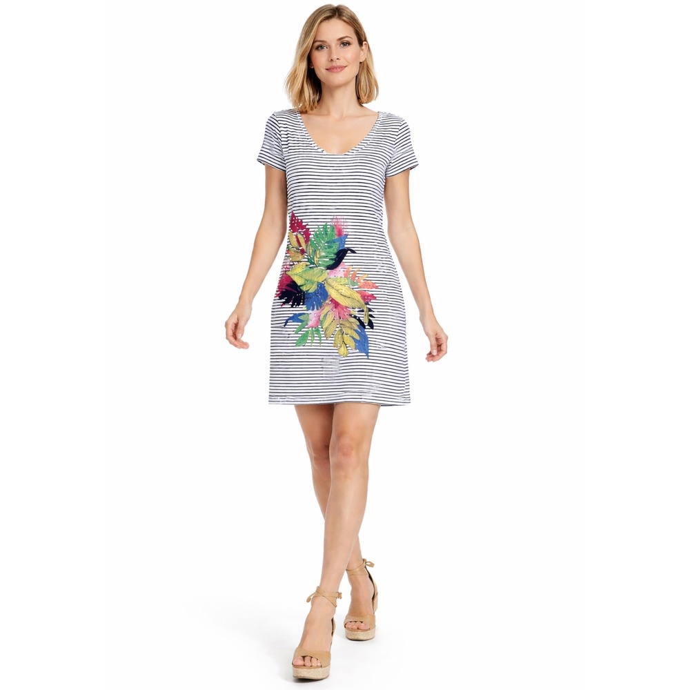 Tommy Bahama Womens Small Striped Tropical Floral‎ V-Neck T-Shirt Dress S